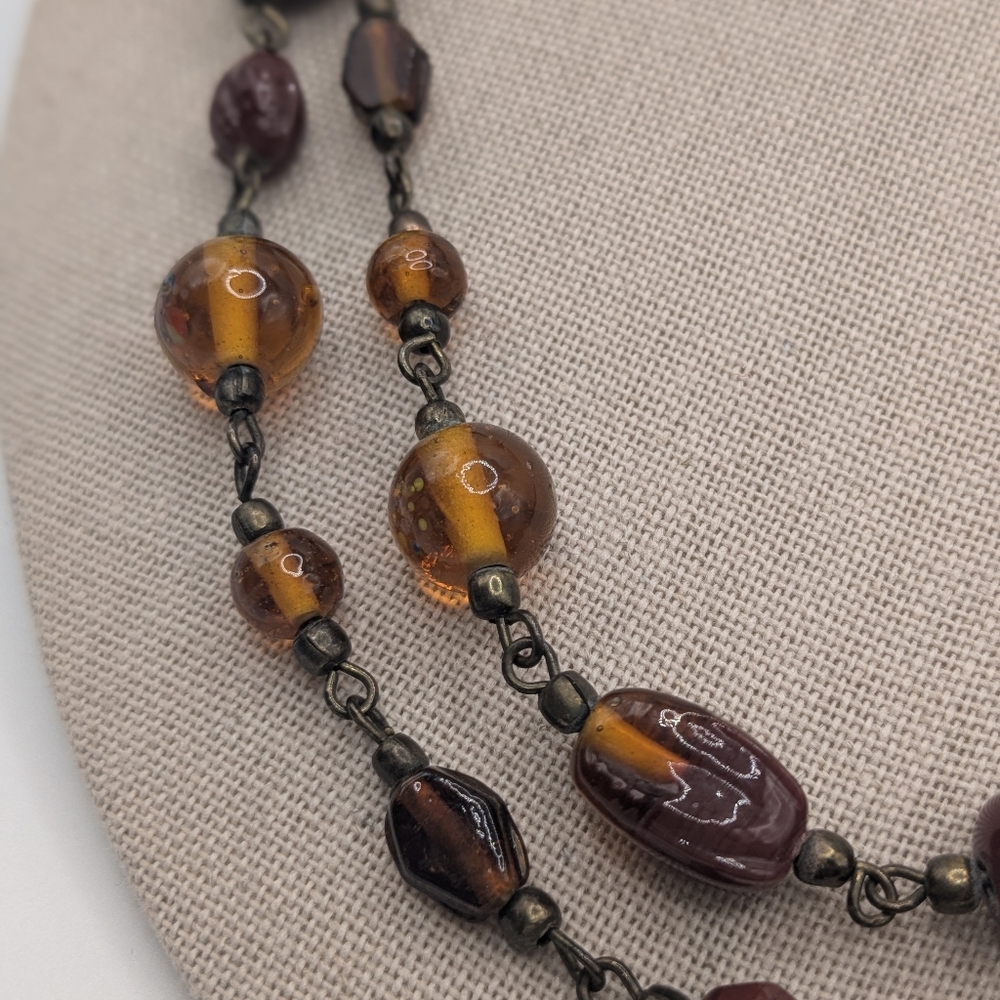 Amber Glass Bead Necklace & Earrings Set Gold Tone Boho